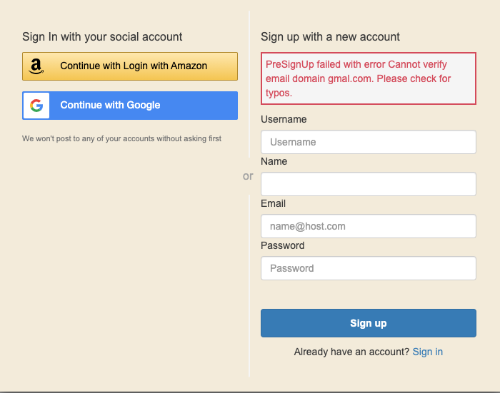 Verify email domains with cognito